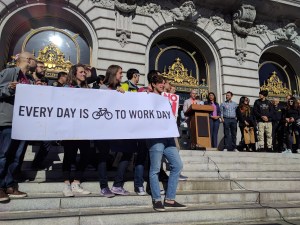 Advocates, politicians, agency heads, assembled on the steps of City Hall at 2018's Bike to Work Day. Photo: Streetsblog/Rudick