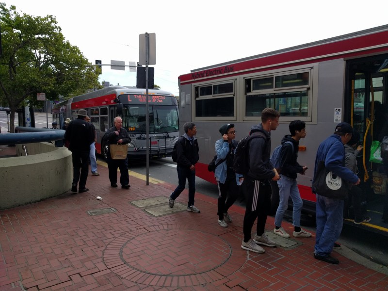 Replacement buses collect passengers at Castro Station. All photos Streetsblog/Rudick unless noted