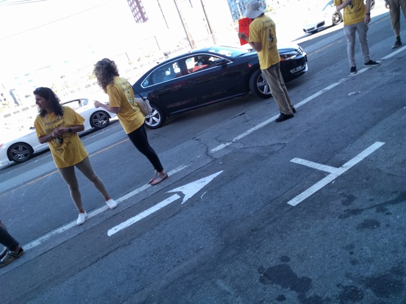 One of many Ubers/Lyfts making an illegal u-turn after discharging passengers on Townsend during yesterday's protest. All photos Streetsblog/Rudick unless noted
