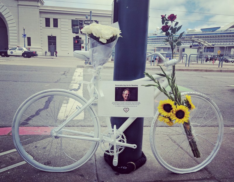 The ghost bike for Kevin Manning, killed by a hit-and-run driver on the Embarcadero, almost two years ago. Photo credit held on request