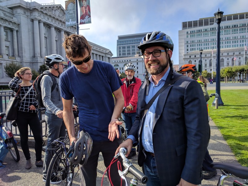 Matt Brezina (Lt) and other advocates met up with the Supervisor at City Hall for the start of the ride. All photos Streetsblog/Rudick