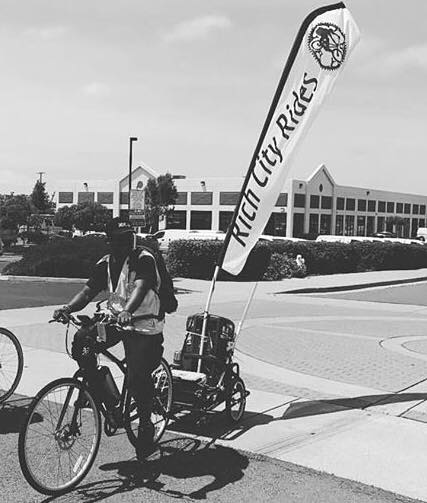 Najari Smith and his rig, from East Bay Bike Party's Facebook post