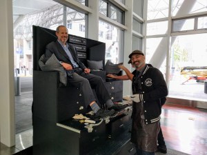 SFMTA's Ed Reiskin, during happier times, getting a shoe shine at the new Salesforce Transit Center on Aug. 13., during lunch hour.  Shortly after that, the center was closed due to cracked beams. Photo: Streetsblog/Rudick