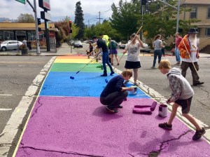 Some 30 people, identities unknown, illegally painted this crosswalk on Telegraph before fleeing. Photo: Dave Campbell