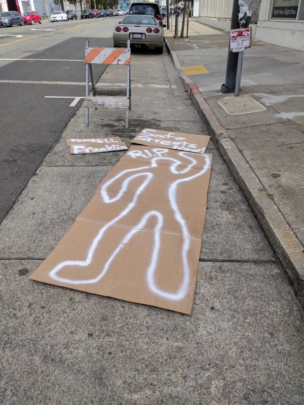 This cardboard sign marked the location of the legally parked truck that probably played a part in Thursday's fatality. Shortly after this pic was taken, a motorist ripped down the "no parking" sign and parked on it. All photos Streetsblog/Rudick