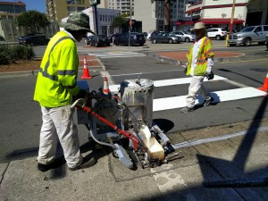 A city crew was out this afternoon improving the markings on the crosswalk where Russell Franklin was killed last week. All photos Streetsblog/Rudick
