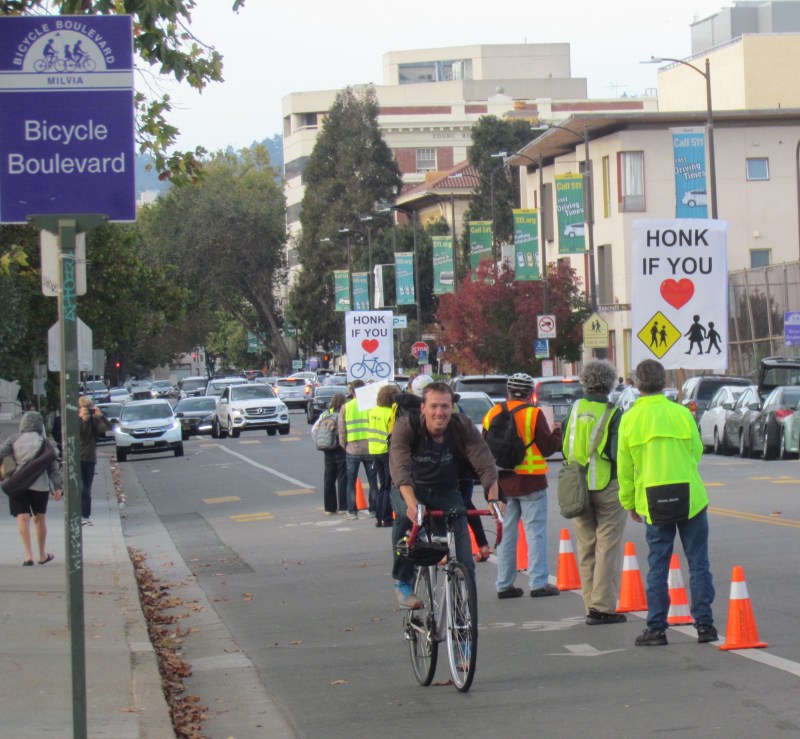 Bike riders got protection yesterday on Milvia Street. All photos: Melanie Curry/Streetsblog