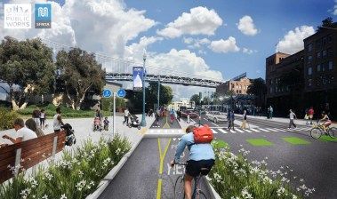 A rendering of the two-way bike lane planned for the Embarcadero. This has been the plan for many years now. Will this finally be realized? Image: SFMTA