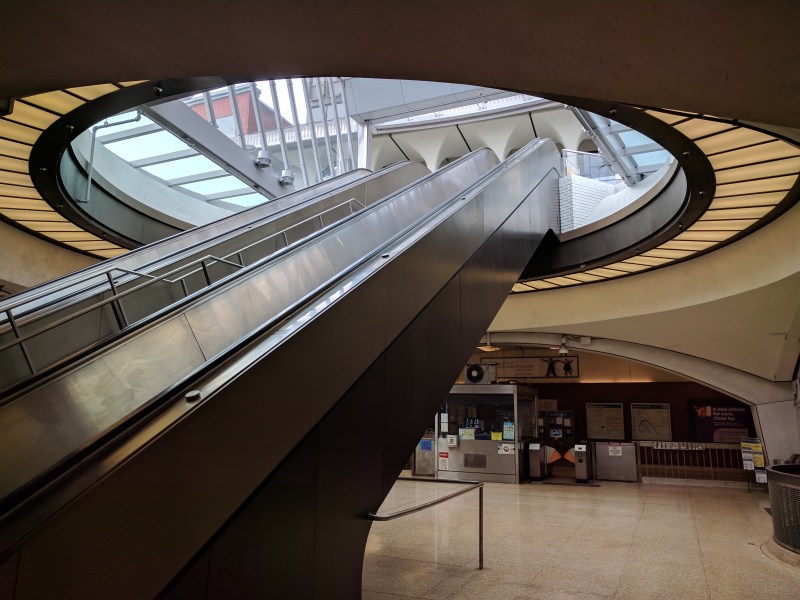 The escalators leading down from the new canopies over the rebuilt downtown Berkeley BART station. All photos Streetsblog/Rudick unless indicated