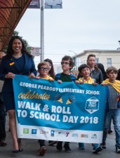 Mayor London Breed with kids from Peabody. Photo: Walk SF volunteer Jeffrey Gray