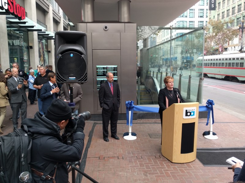 BART director Grace Crunican at the lectern during a ribbon cutting for a new station canopy on Market last Nov. Photo: Streetsblog/Rudick