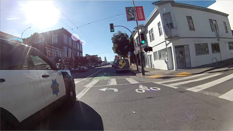 A video capture of a police cruiser, apparently not responding to an emergency, driving in the bike lane. Photo: Ziggy Tomcich
