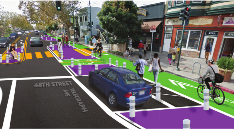 A rendering of parking protected bike lanes on Telegraph for Temescal. Image from OakDOT.