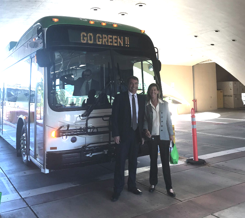 Marin County Supervisors Damon Connolly and Katie Rice posing in front of an electric bus. Photo from Connolly's Facebook page