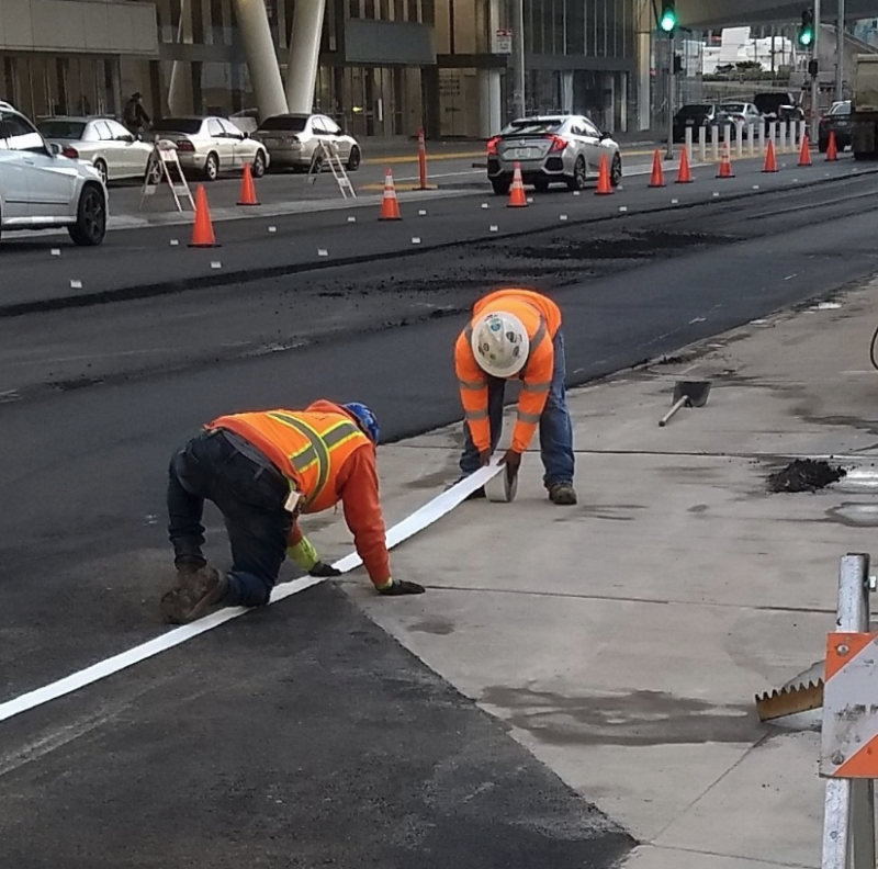 March 25--a paving crew narrowing the bike lane, two blocks from where Tess Rothstein was killed. Photo: Dale Munroe via twitter