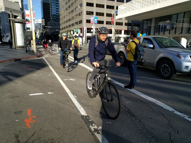 Protesters did what the city hasn't--protected the eastern blocks of Howard. Photos: Streetsblog/Rudick unless indicated