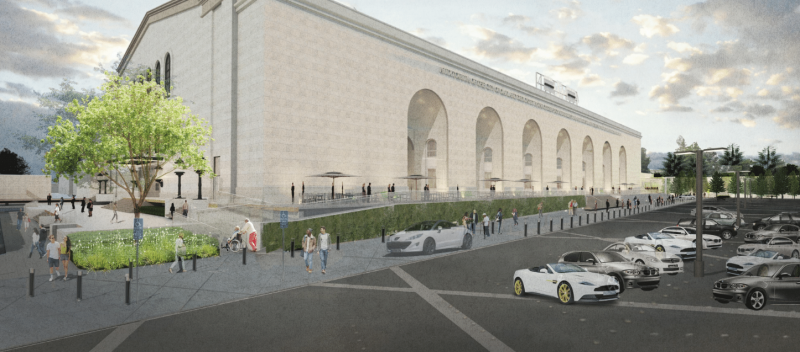 A rendering for revitalizing Oakland's civic center. Advocates want more focus on pedestrian and bike features rather than retaining a giant parking lot. Image: Oakland Planning submission