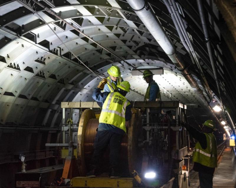 A crew repairing the overhead wire on Friday. Photo: SFMTA