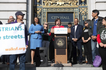 Mayor London Breed, Walk SF's Jodie Medeiros, Supervisor Norman Yee and others at today's Walk to Work Day rally. Photo: Greg Zeppa, Walk SF