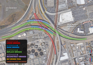 The MacArthur Maze options. What will detours for this project do to bike safety on surface streets? Image: Caltrans