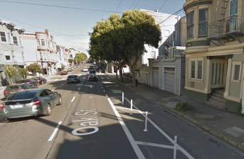 A cyclist was seriously injured Friday night just at the end of the last safe-hit post (seen in the above image) where cyclists and right-turning motorists are suddenly thrown together. Image: Google Streetview