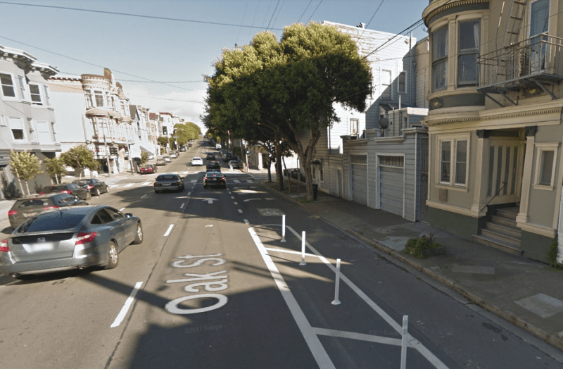 A cyclist was seriously injured Friday night just at the end of the last safe-hit post (seen in the above image) where cyclists and right-turning motorists are suddenly thrown together. Image: Google Streetview