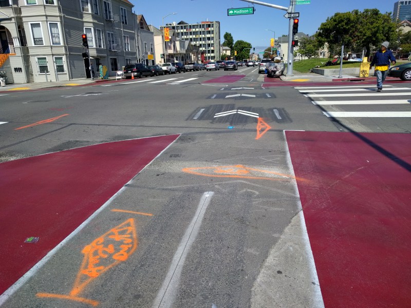 Protected bike intersections, using paint and posts, are getting installed around Lake Merritt BART in Oakland. All pics Streetsblog/Rudick unless indicated
