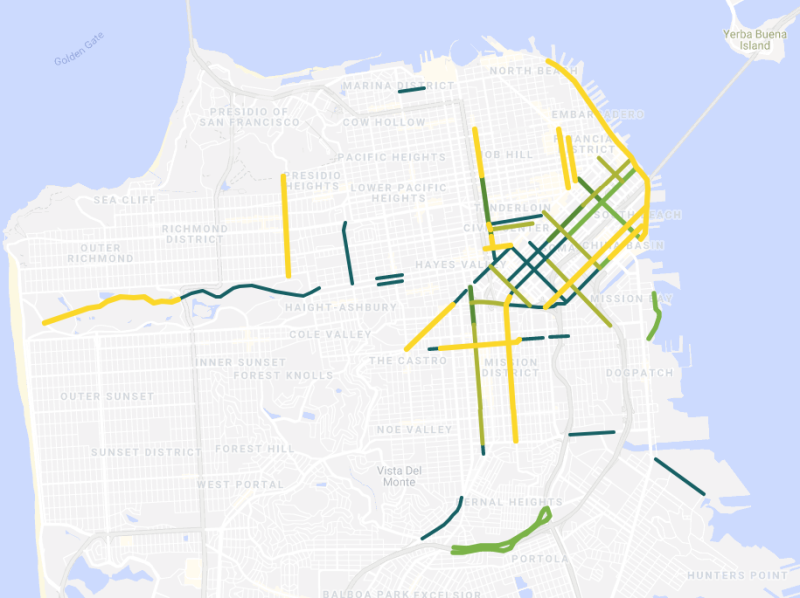 A map of existing and planned protected bike lanes. Yellow and yellow-green lines represent lanes that are in planning or concept only. Other lanes are either built or under construction. Image: Kyle Grochmal/Google Maps