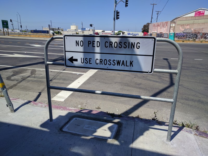 An example of Caltrans' pedestrian considerations, in Oakland, and a prime example of why the agency can't be trusted to look after vulnerable road users. Photo: Streetsblog/Rudick