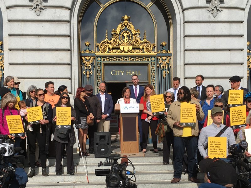Walk SF's Jodie Medeiros addressing this morning's rally at City Hall. Photo: Walk SF/
Marta Lindsey