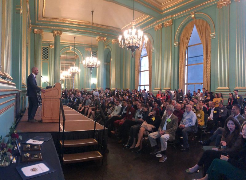 Brian Wiedenmeier addressing the crowd at Thursday evening's Golden Wheel awards. Photo: SFBC's twitter feed