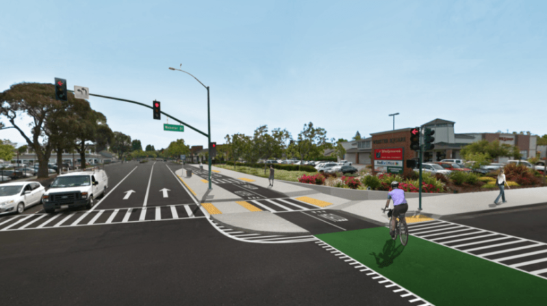 A rendering of a future protected bike lane on Clement Avenue at Webster, part of the cross-Alameda trail. Image: Bike Walk Alameda