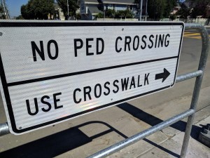 Caltrans's answer to 'Pedestrian safety' as seen in Oakland. Photo: Streetsblog/Rudick