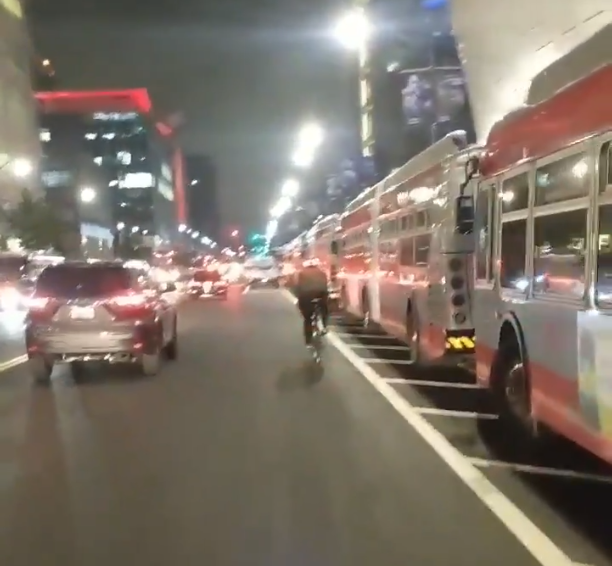 Someone decided to "stage" SFMTA buses in the bike lane. Who was it? And when will they be shown the door? Photo: from Kyle Grochmal's twitter