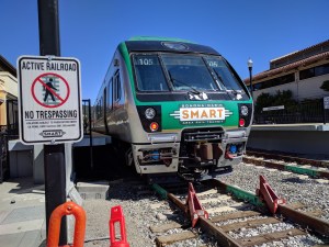 A SMART train, waiting in San Rafael in Sept., champing at the bit to head two miles more to meet the Larkspur ferry. Photo: Streetsblog/Rudick