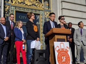 Rafael Mandelman, Scott Wiener, Vallie Brown, Thea Selby, Gordon Mar, Rachel Hyden, Shamann Walton, and David Chiu at the San Francisco Transit Riders kickoff event Monday morning. Photos: Streetsblog/Rudick