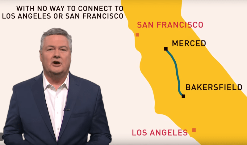 A recent NBC report repeats the "train to nowhere" lie that the state is building an orphan line from Bakersfield to Merced. Image: NBC Bay Area