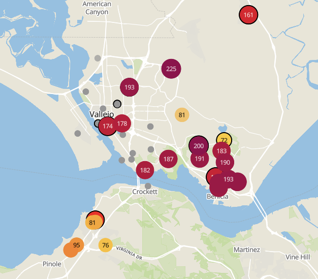 Thanks to supercharged winds, air quality has been changing minute by minute. Image: PurpleAir at 11:30 am Monday