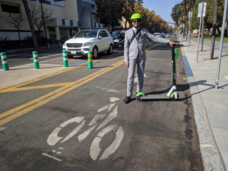 Vignesh Swaminathan, a consultant who helped design San Jose's quick-build network, touring the new infrastructure. A contra-flow, protected bike lanes in front of San Jose State seen here. Photos: Streetsblog/Rudick unless indicated