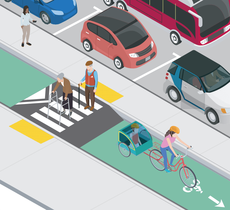 A new instruction guide developed by Walk SF and others shows how to make sure protected infrastructure doesn't encumber or endanger the disabled. Illustration by Eric Tuvel.