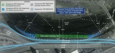 A MassDOT sketch of a proposed mid-river highway installation that would carry Soldiers Field Road and the Paul Dudley White bike path for the decade-long reconstruction of the Massachusetts Turnpike through Allston. Courtesy of MassDOT.