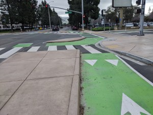 Protected intersection in Fremont, photographed last January as the project was nearing completion: Streetsblog/Rudick