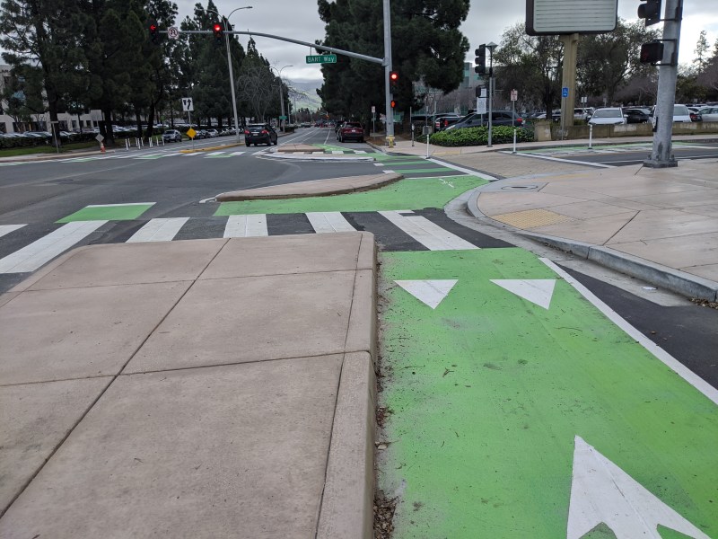 Protected intersection in Fremont, photographed last January as the project was nearing completion: Streetsblog/Rudick