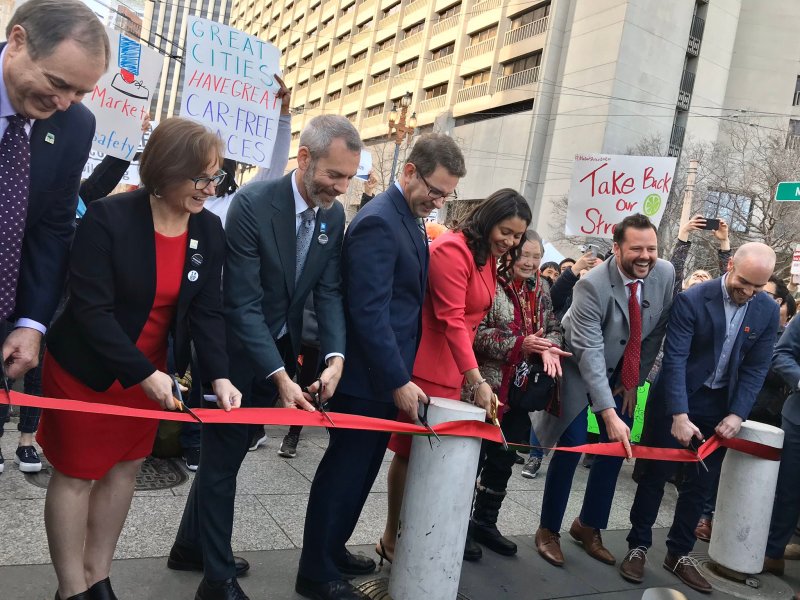 Rick Laubscher, Jodie Medeiros, Jeffrey Tumlin, Malcolm Heinicke, Mayor London Breed, Matt Haney, and Brian Wiedenmeier. Photo: SFCTA