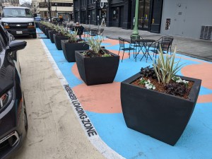 Rows of heavy planters on the nearly complete 13th Street Commons in downtown Oakland. Photos: Streetsblog/Rudick