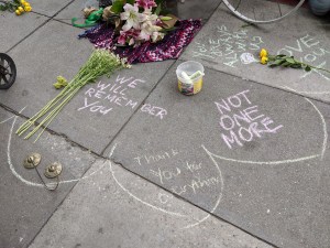 The site of Tess Rothestein's ghost bike, photo taken after a memorial in March, shortly before the lockdown. Photo: Streetsblog/Rudick