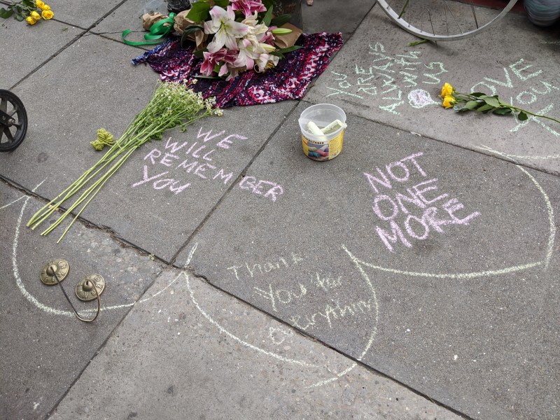 The site of Tess Rothestein's ghost bike, photo taken after a memorial in March, shortly before the lockdown. Photo: Streetsblog/Rudick