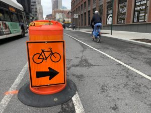 The temporary bike lane on Smith Street in Downtown Brooklyn. One word: yay.