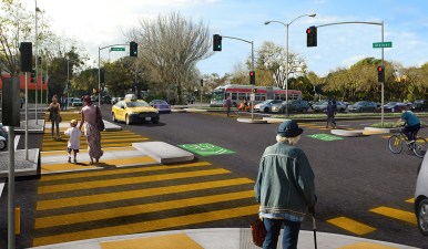 A rendering of planned improvements for the intersection at Geary and Steiner. Image: SFMTA