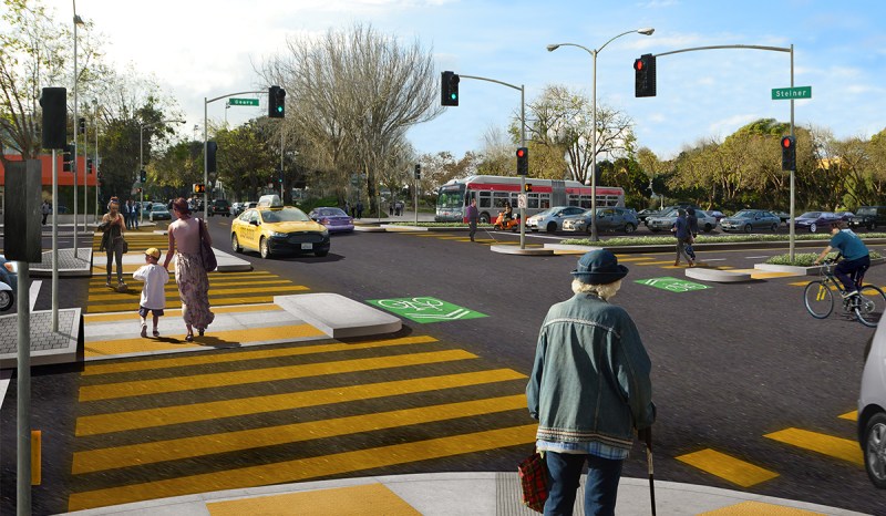 A rendering of planned improvements for the intersection at Geary and Steiner. Image: SFMTA